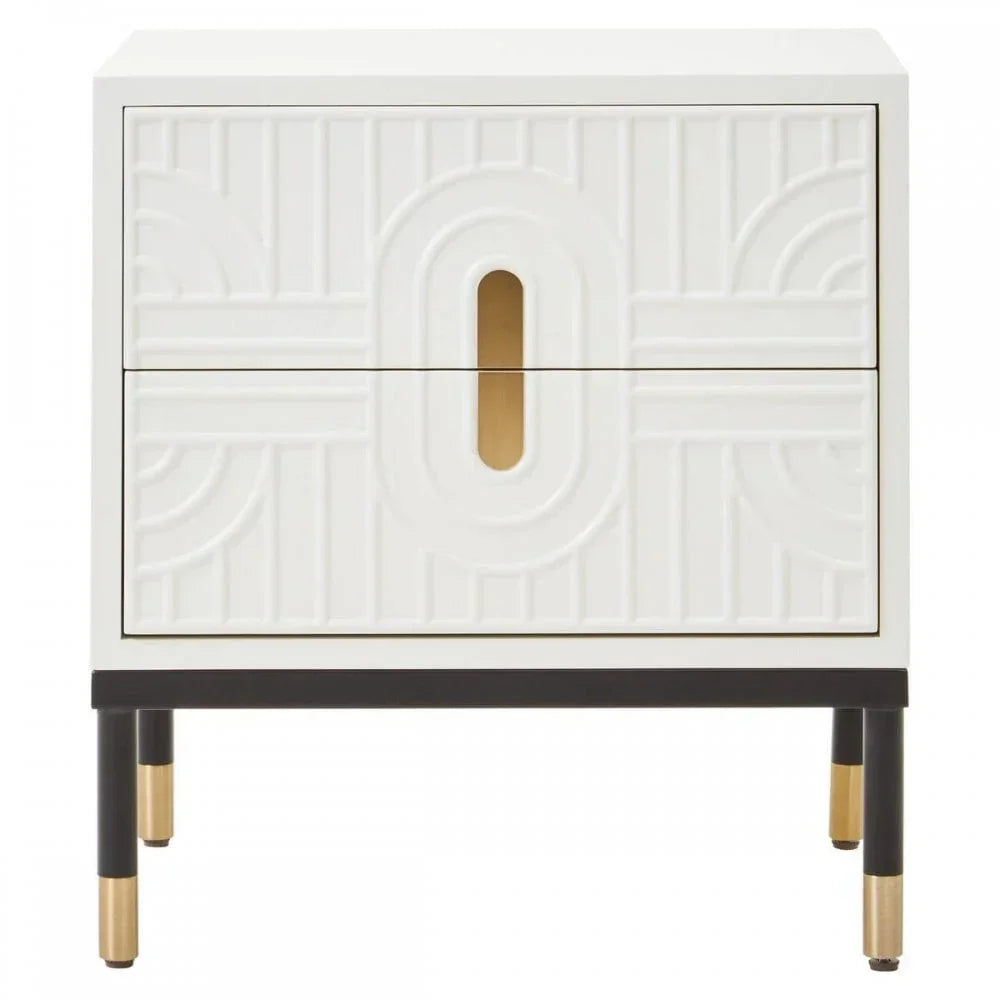 White bedside table with geometric front, black legs and gold accents