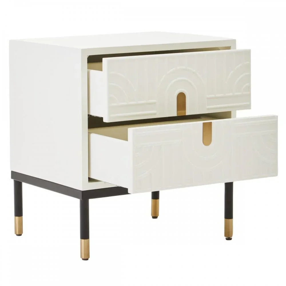 White bedside table with two open textured drawers and black legs with gold tips
