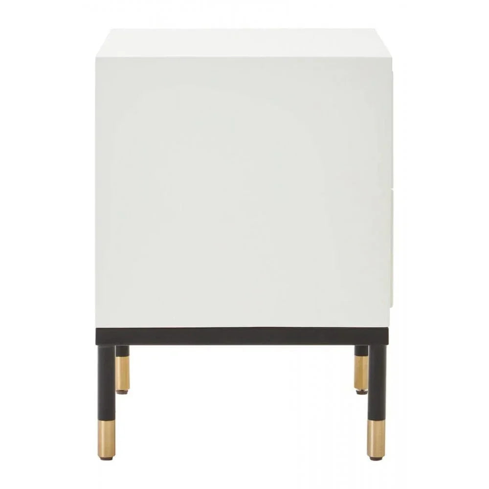 White bedside cabinet with black and gold legs, side view