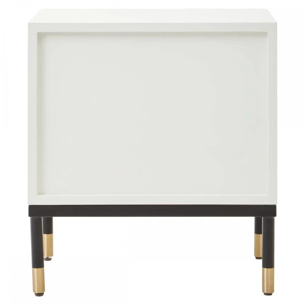 White side table with black and gold legs, front view, modern furniture design
