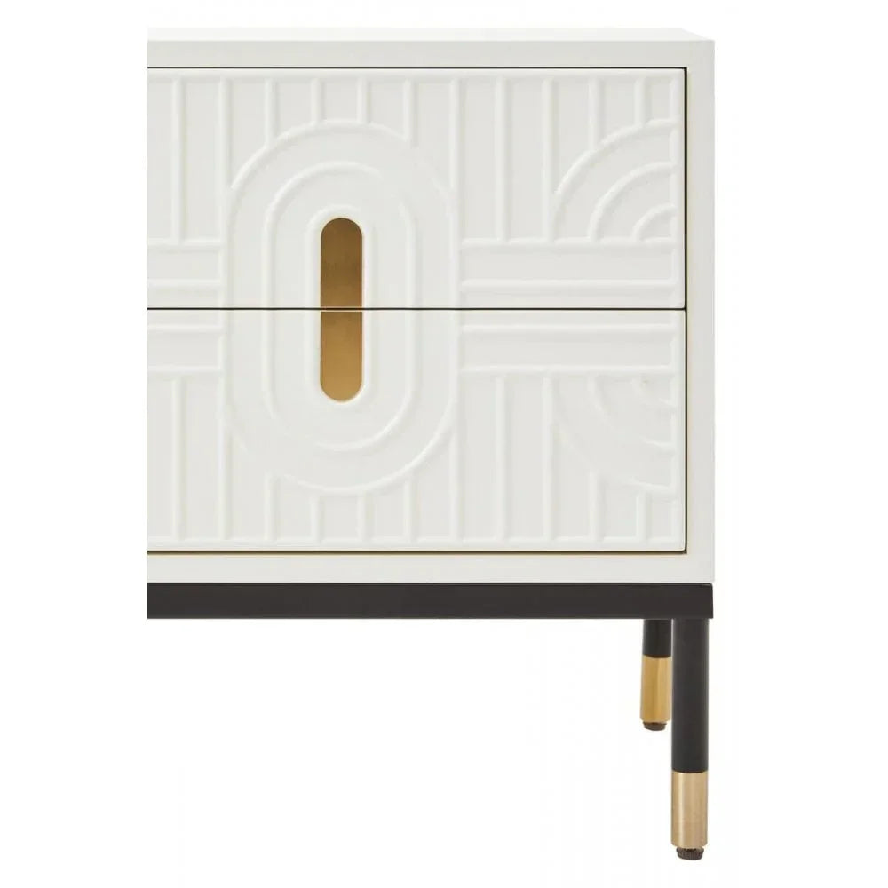 White modern bedside cabinet with gold drawer handles and black legs