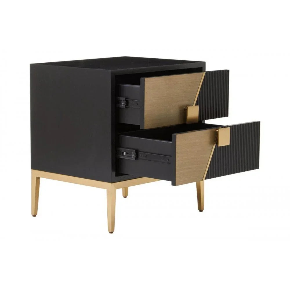 Modern black and gold bedside table with two open drawers and metal legs