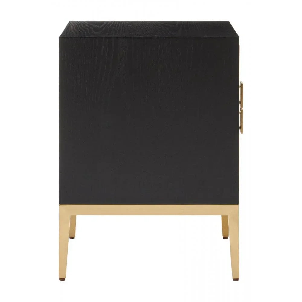Black bedside cabinet with gold metal legs and single door, front angle view