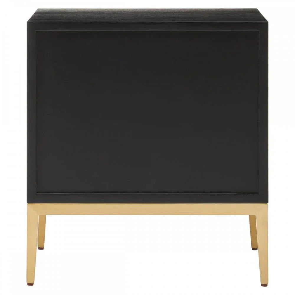 Black bedside table with gold metal legs, front view, modern bedroom furniture