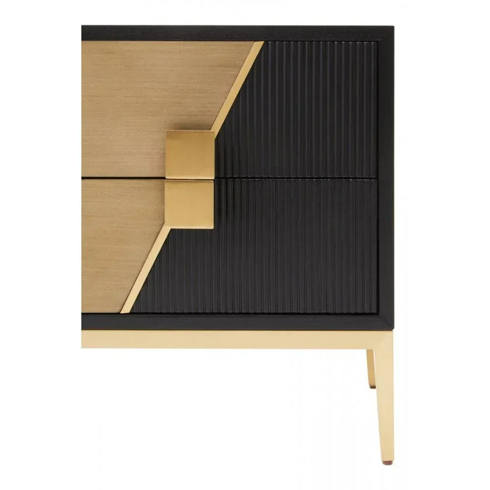Black and gold sideboard with geometric panel design and metal legs