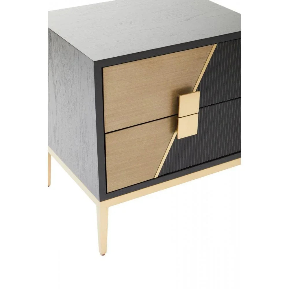Modern bedside table with two-tone wood finish, gold accents and geometric drawer handles