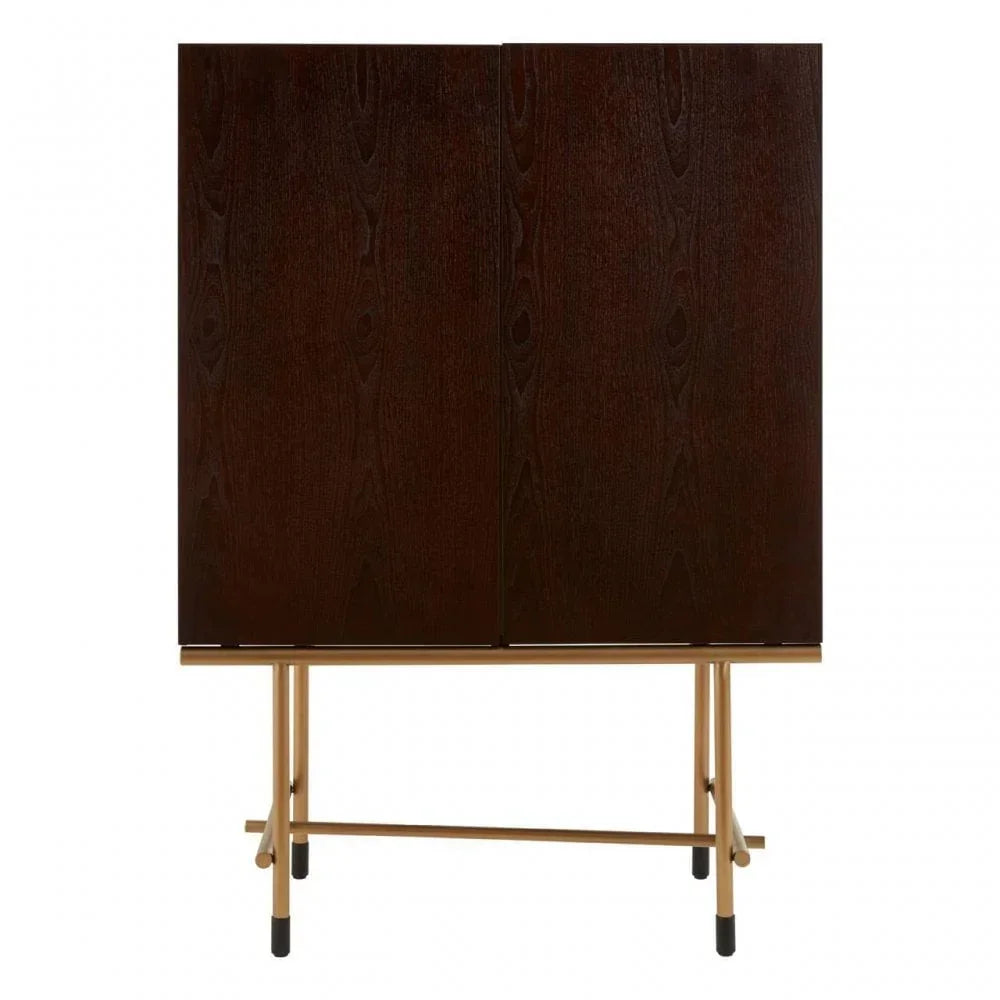 Dark wood cabinet with gold metal legs and two front doors, front view
