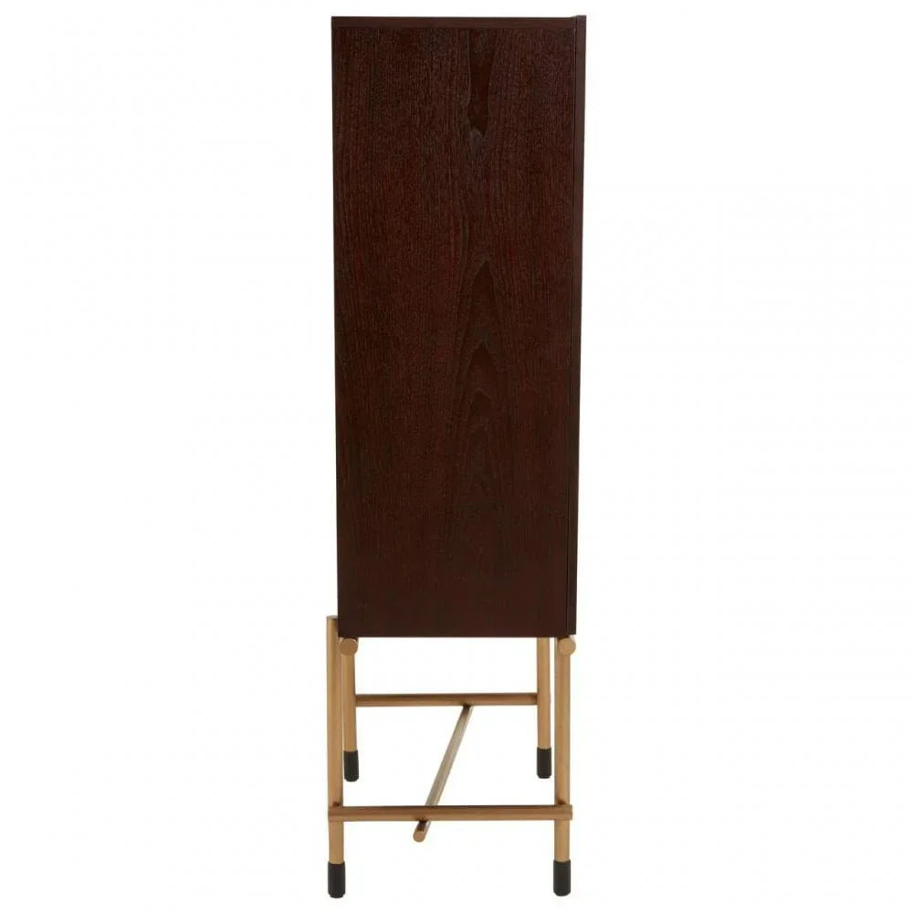 Side view of tall wooden cabinet on light legs with visible wood grain