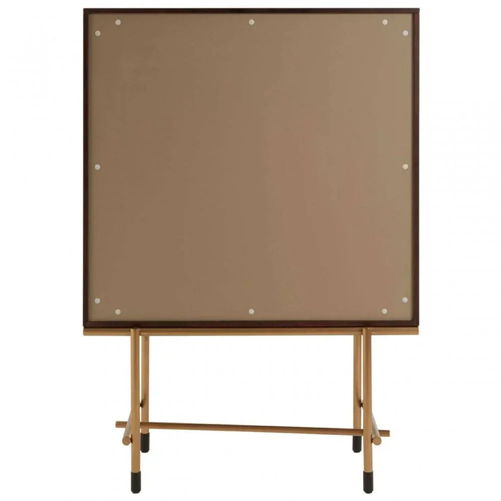 Back view of wooden cabinet with gold metal frame and legs