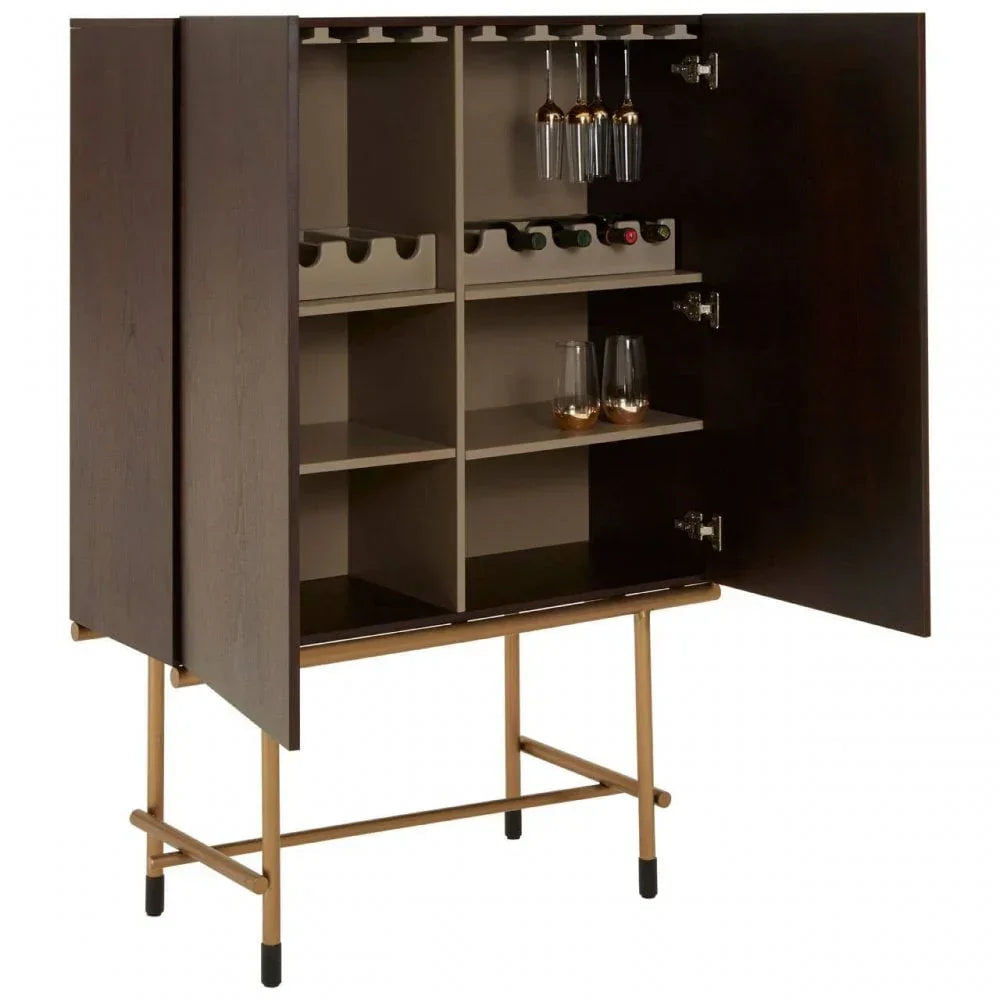 Dark wood drinks cabinet with gold legs, wine rack, glass holders, and open shelves