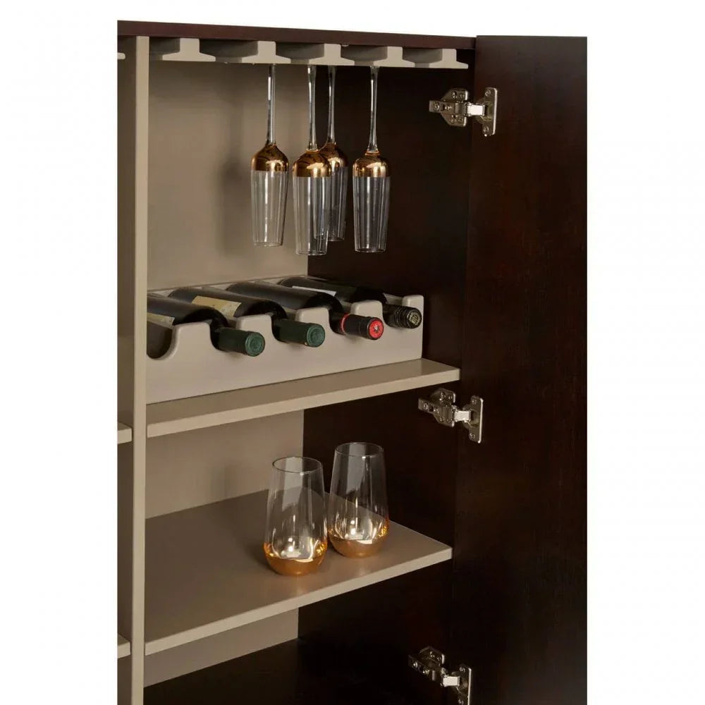 Wooden drinks cabinet with wine rack, hanging glasses, and gold-bottom tumblers on shelves