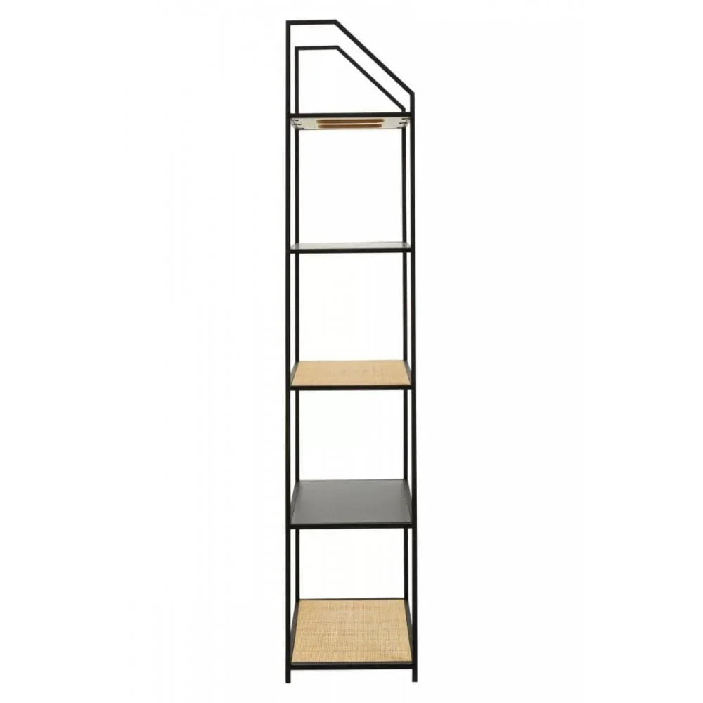 Tall black metal shelving unit with wooden and rattan shelves, modern geometric design