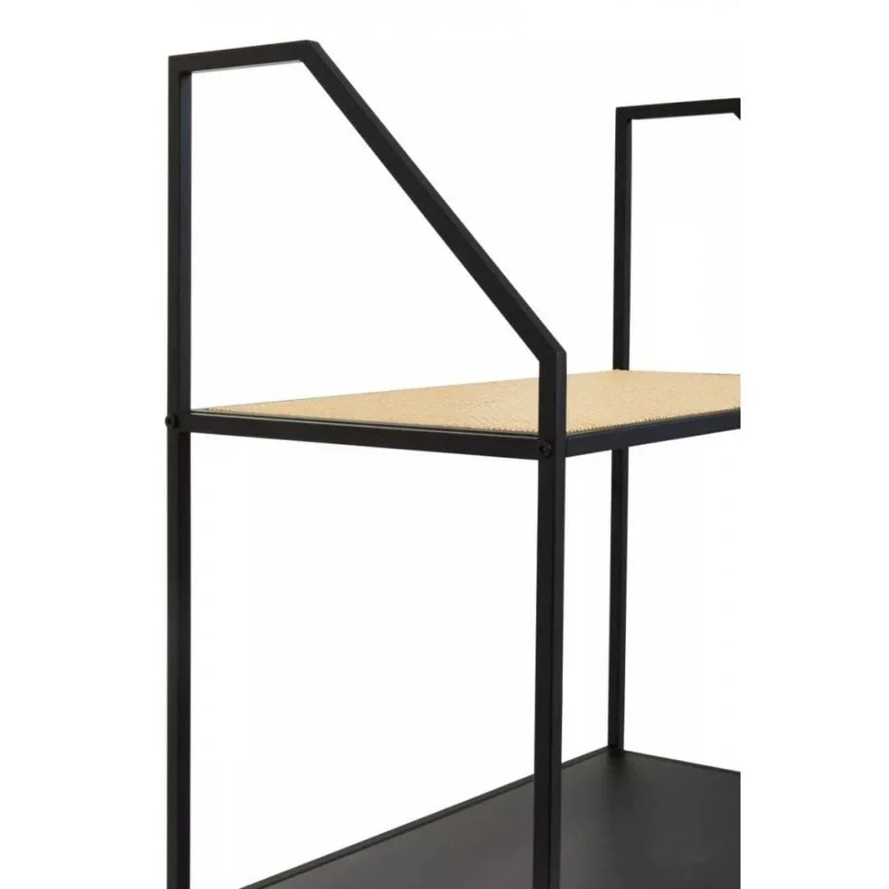 Modern shelving unit with black metal frame and light wood shelf, side angle view