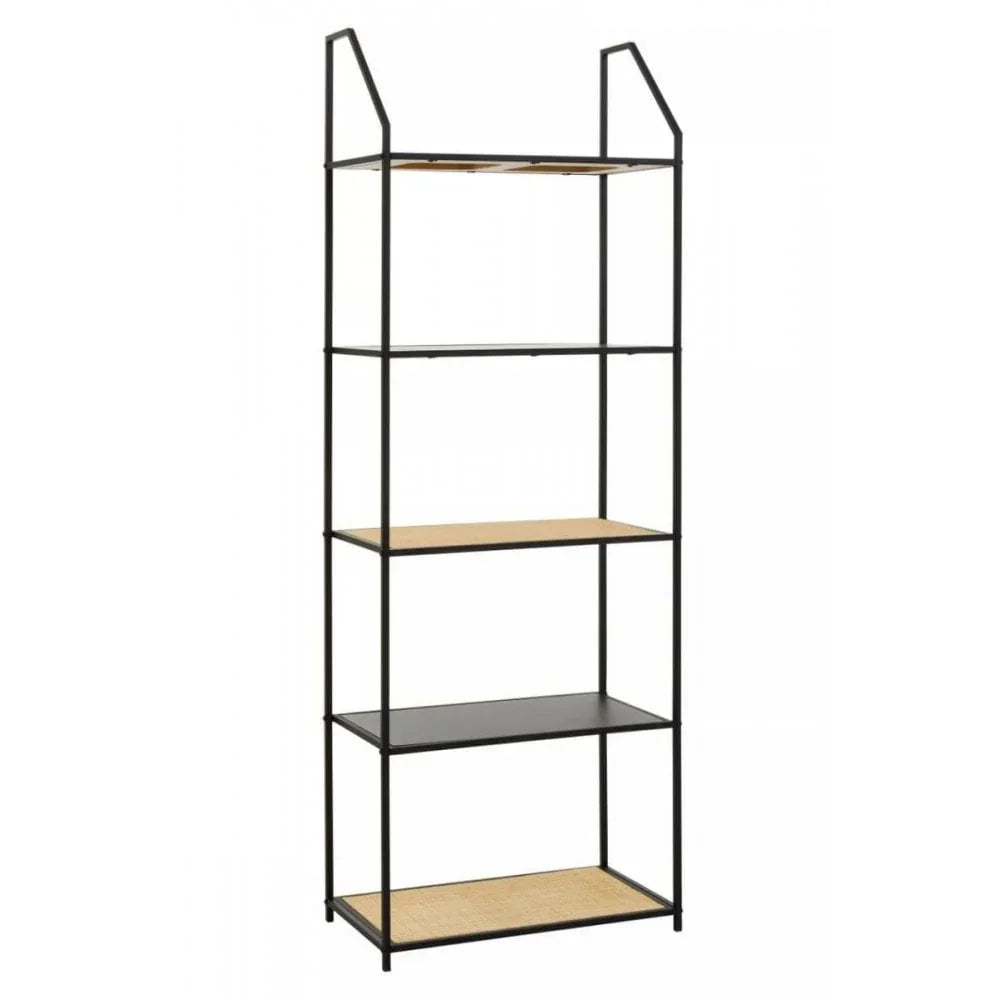 Black metal frame shelving unit with four natural wood shelves for modern storage