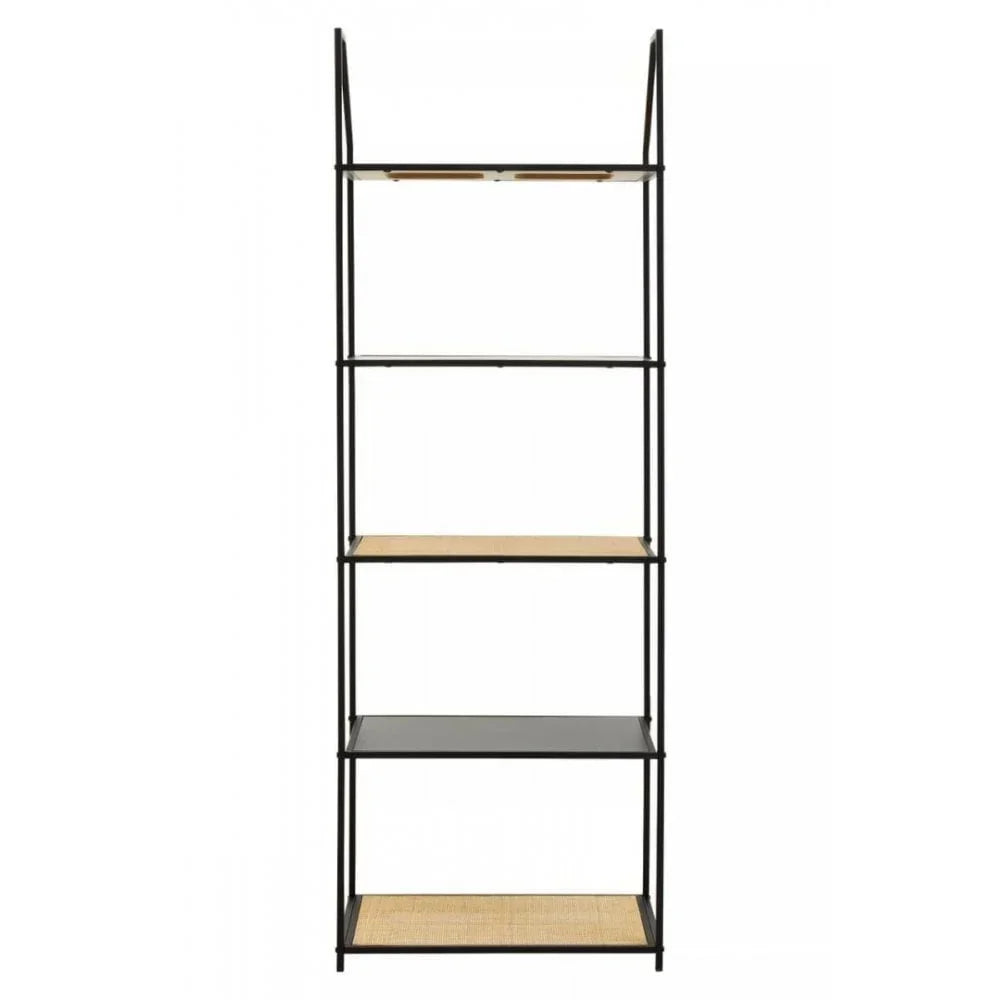 Tall shelving unit with black metal frame and three woven rattan shelves, front view