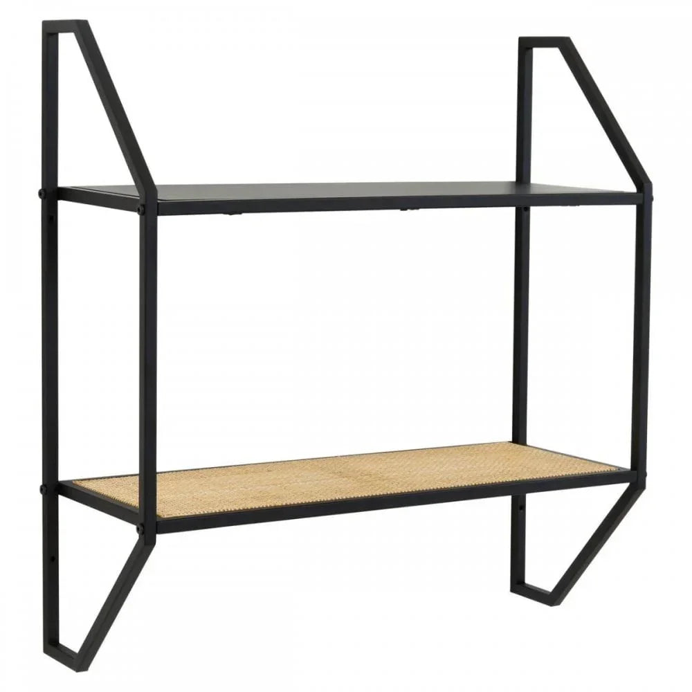 Two-tier wall shelf with black metal frame and natural woven rattan bottom shelf