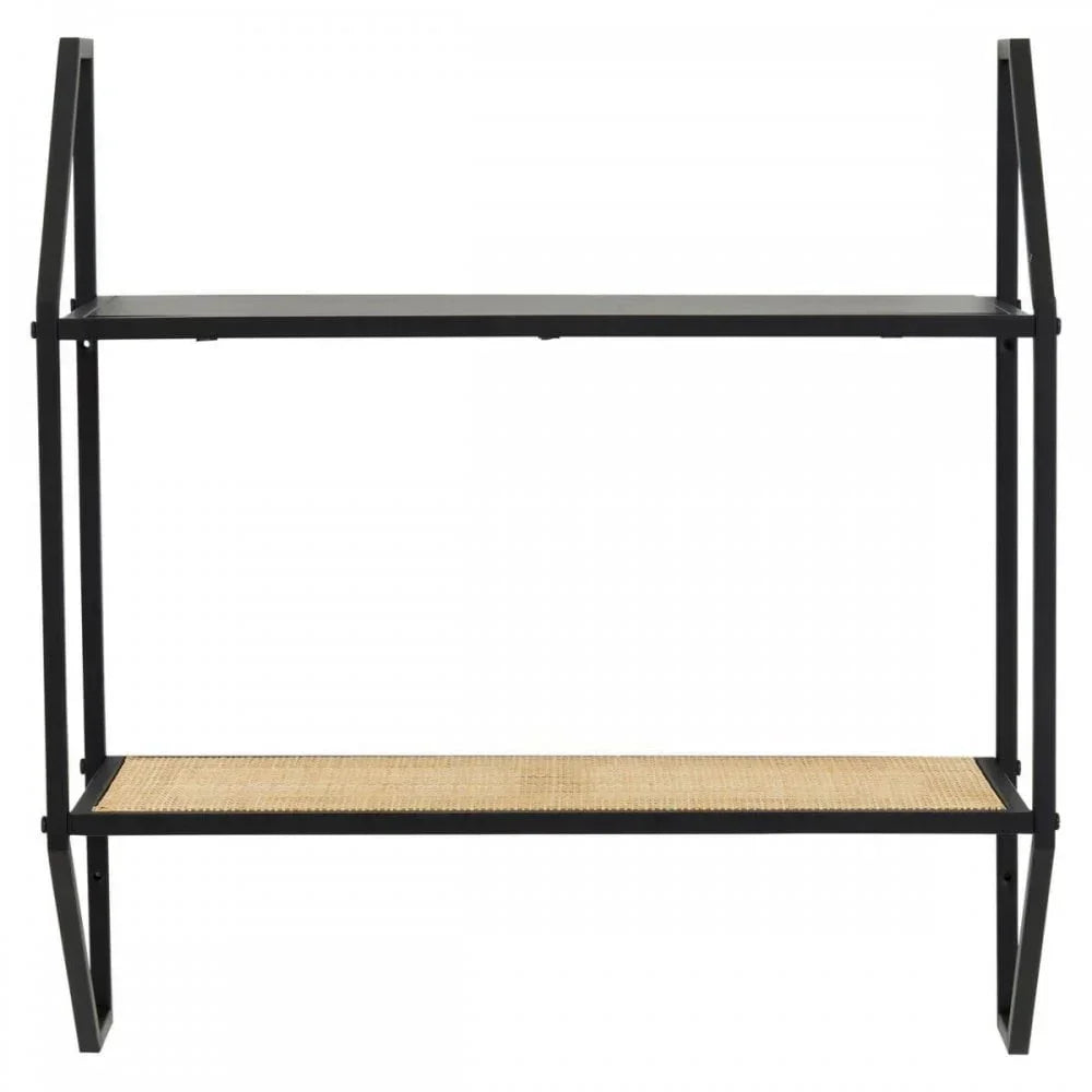 Black metal console table with two shelves, one in natural woven rattan finish, front view