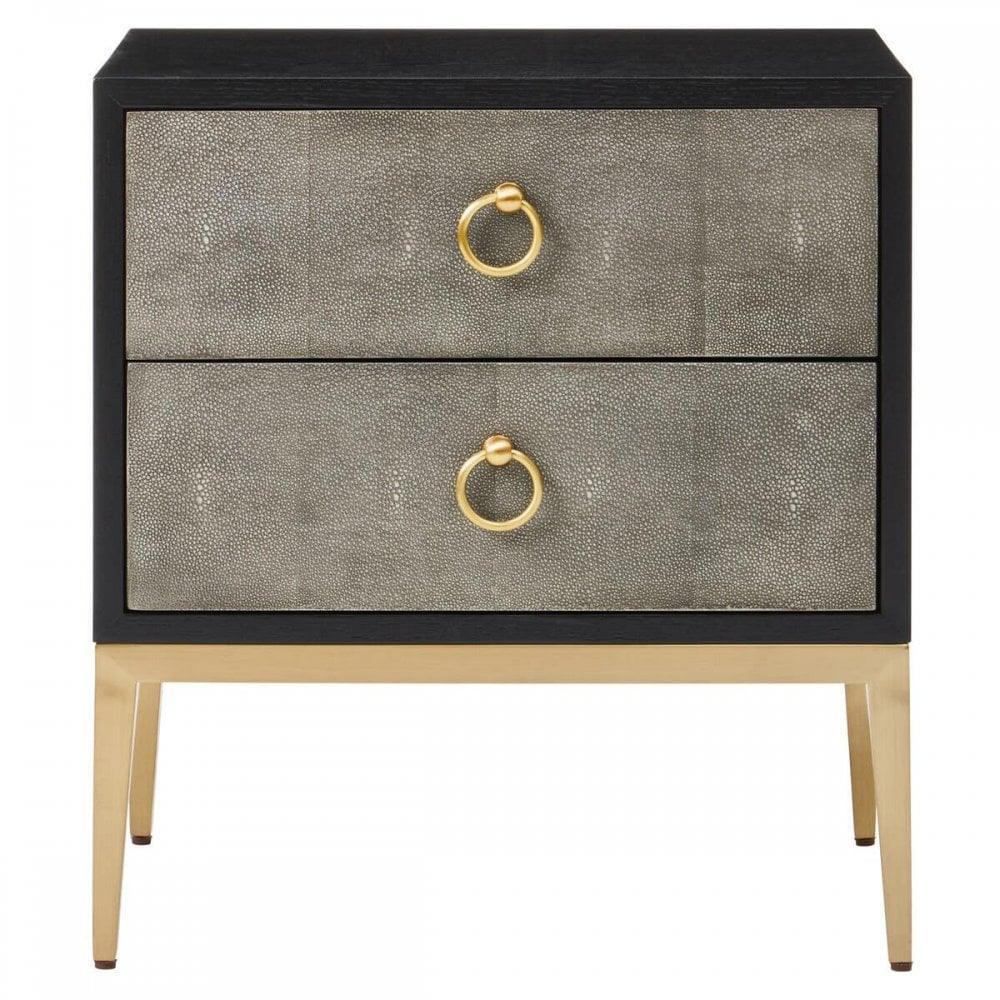 Two drawer bedside table with gold legs, textured grey front and gold ring handles