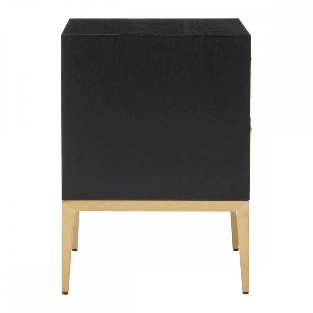 Black bedside table with gold metal legs, side profile view