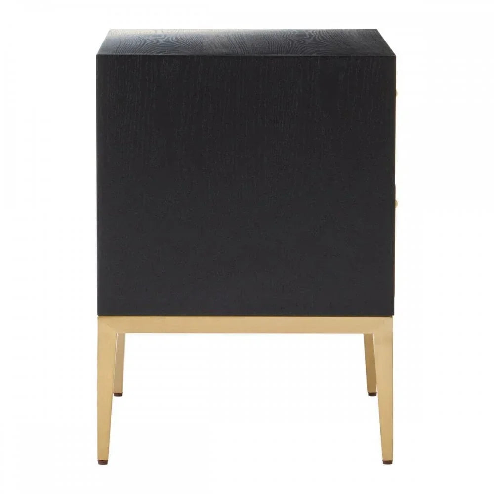 Black bedside table with brass legs, front view, modern furniture design