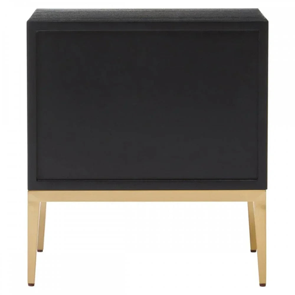 Black bedside table with gold metal legs, front view