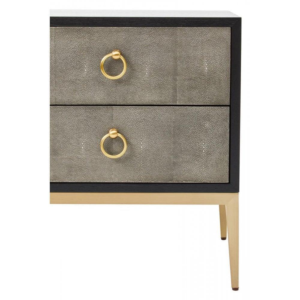 Two drawer bedside table with textured grey finish and gold metal ring handles