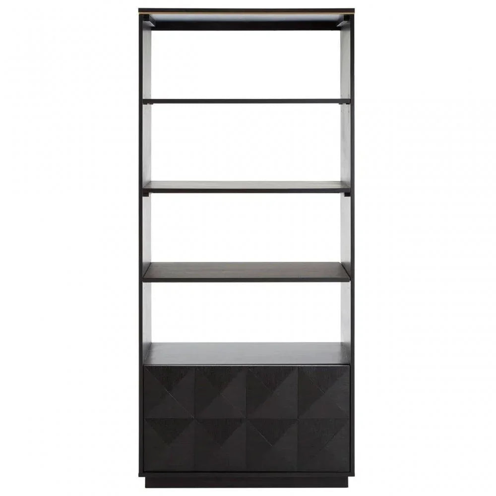 Black wooden bookcase with three open shelves and geometric pattern cabinet base