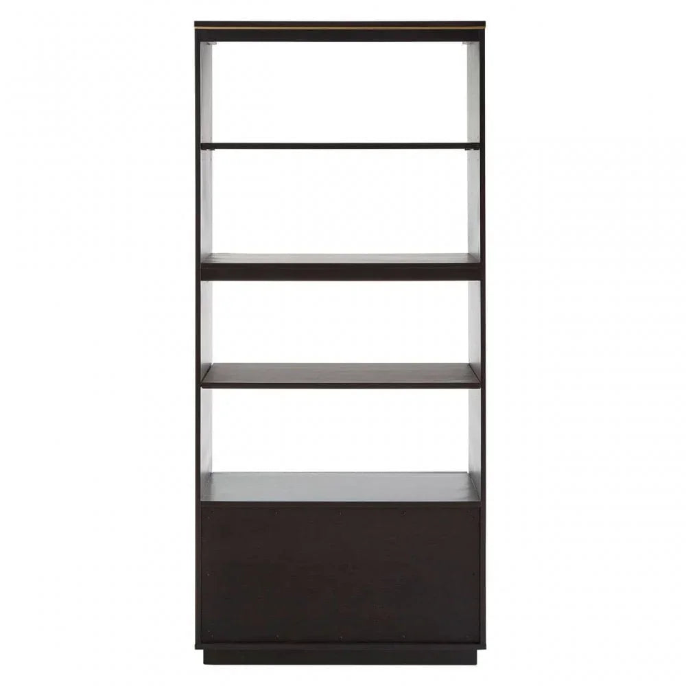 Tall dark wood bookcase with three open shelves and solid lower storage section