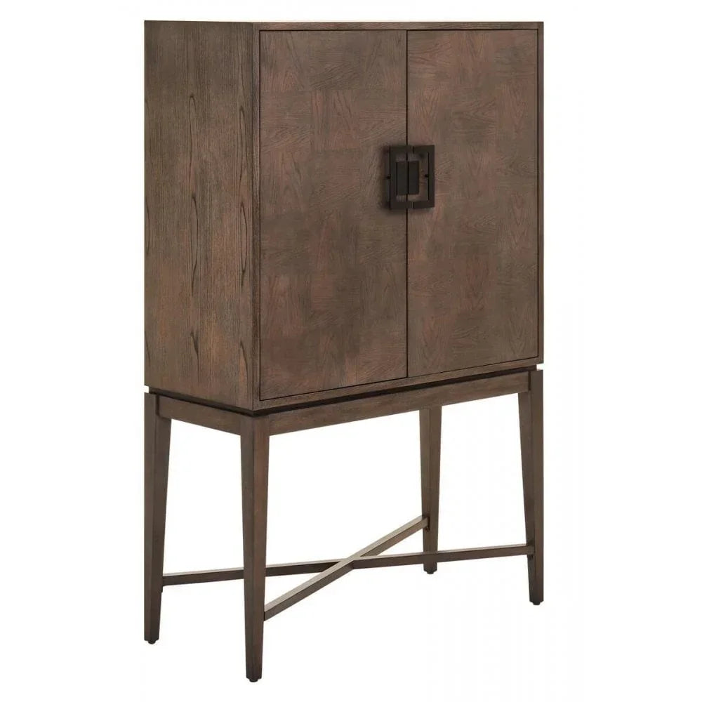 Tall wooden drinks cabinet with double doors, geometric handles, and slim legs