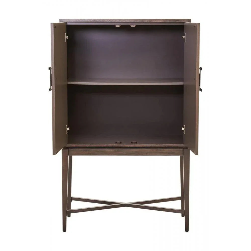 Brown wooden sideboard cabinet with open doors and single interior shelf on crossed legs