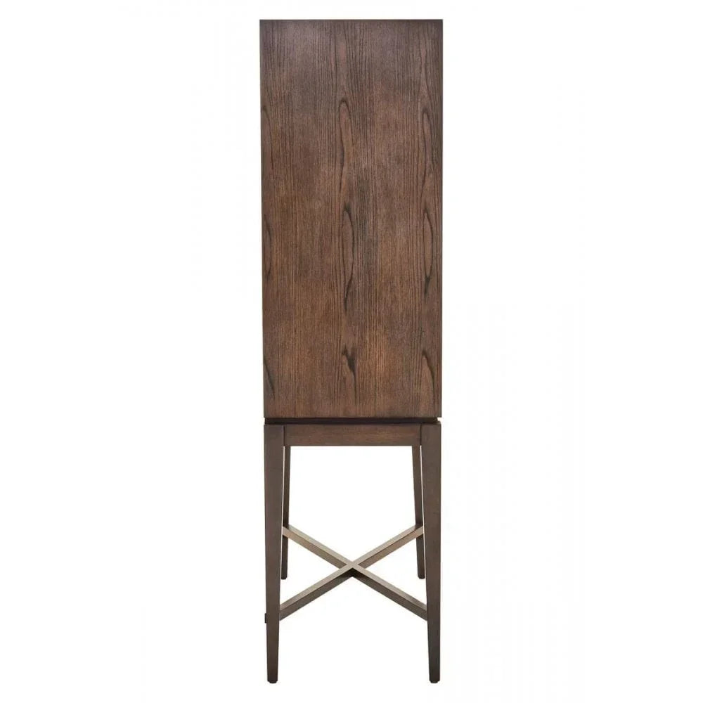 Tall wooden cabinet with visible grain, shown side view on four slender legs with cross support