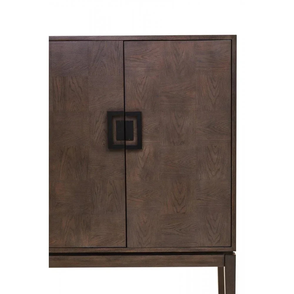 Dark wood cabinet with square black handle and minimalist legs, front view