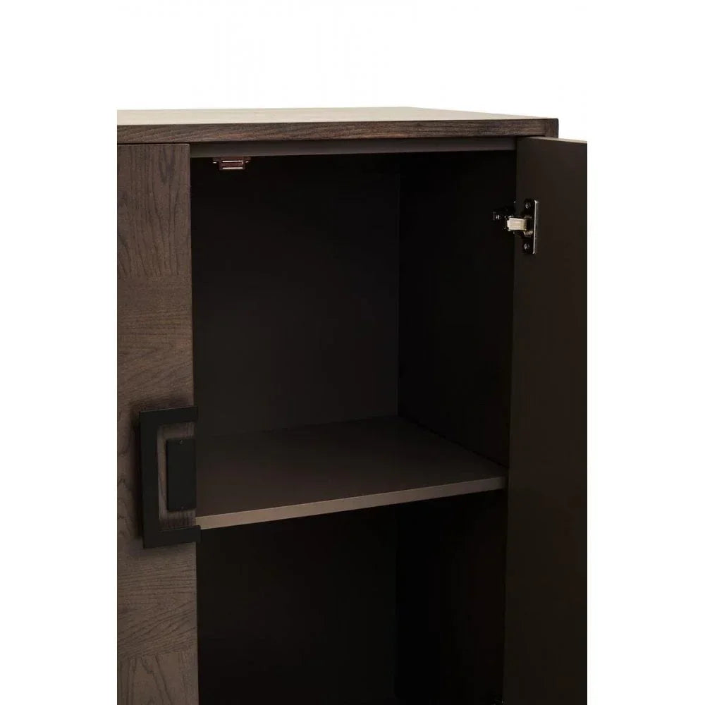 Dark wood cabinet with open door showing interior shelving and modern square handle
