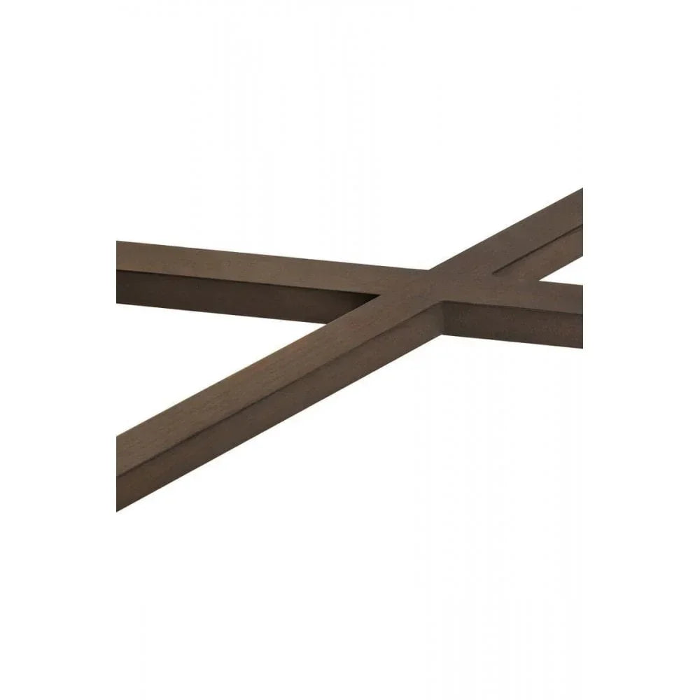 Closeup of dark wood table leg cross frame with clean lines