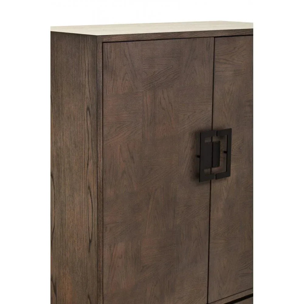 Walnut wood cabinet with geometric black metal handle and subtle wood grain finish