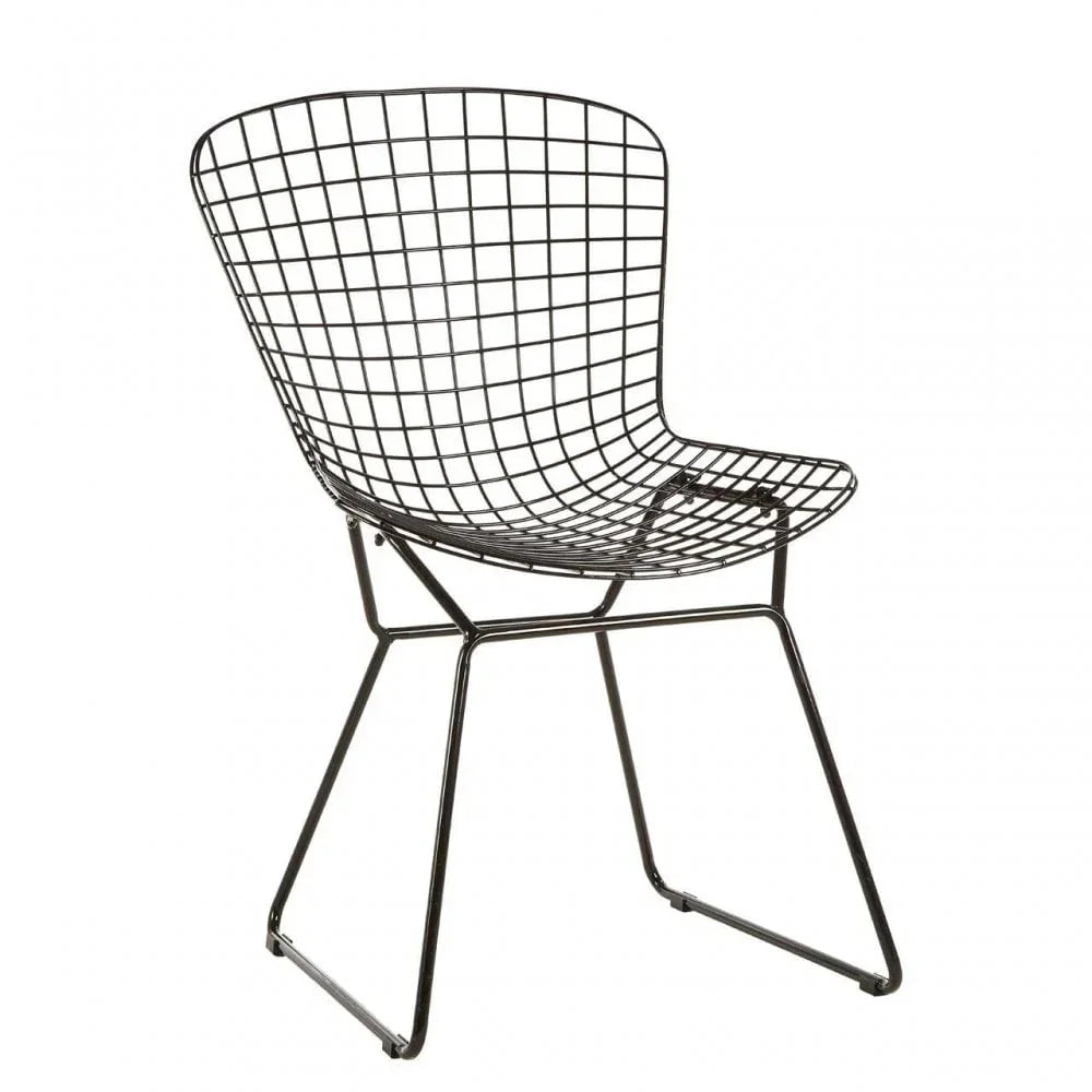 Black metal wire dining chair with sled legs and curved backrest on white background