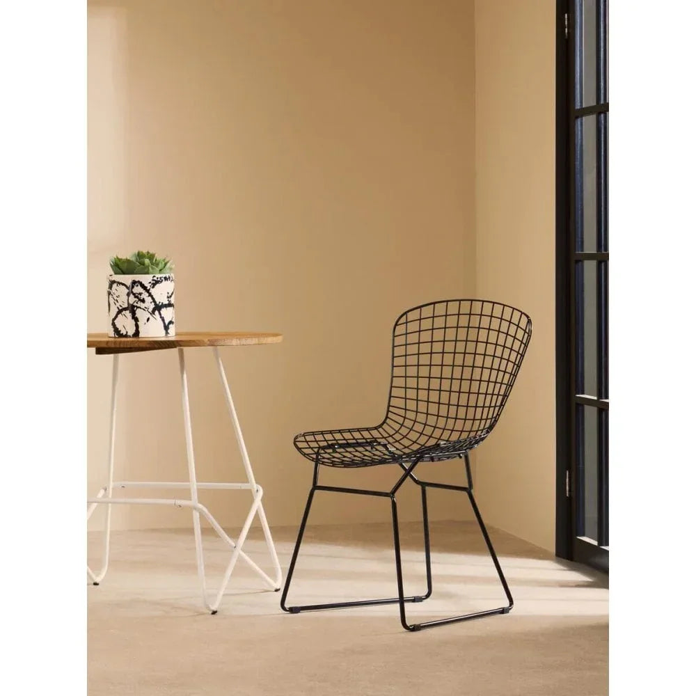 Black wire dining chair next to small wooden accent table with potted plant in modern room