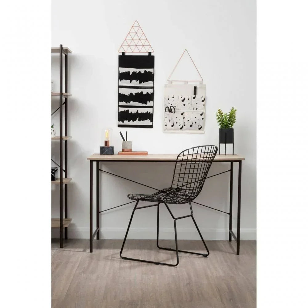 Modern home office desk with black metal chair, potted plant and wall organisers