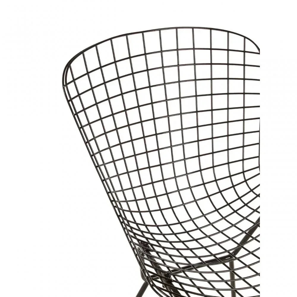 Black metal wire dining chair close-up showing mesh backrest design