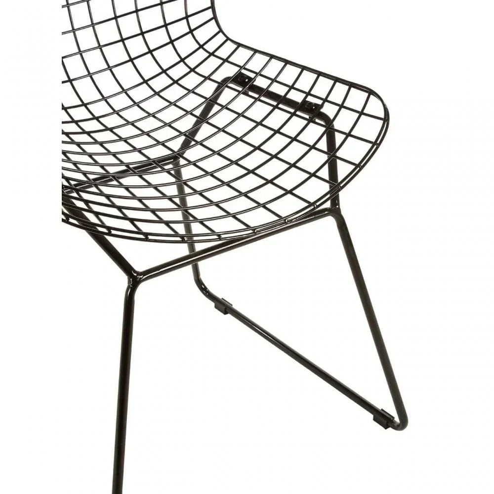 Black wire mesh dining chair with metal frame, angled side view