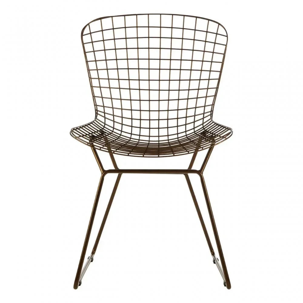 Metal wire dining chair with curved back and seat, front view on white background