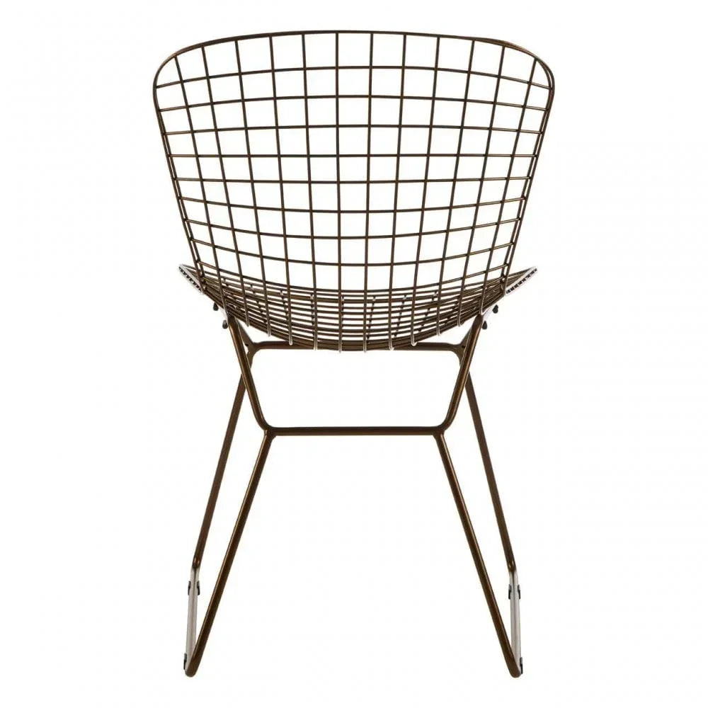 Metal wire dining chair in bronze finish, back view showing grid design and curved seat