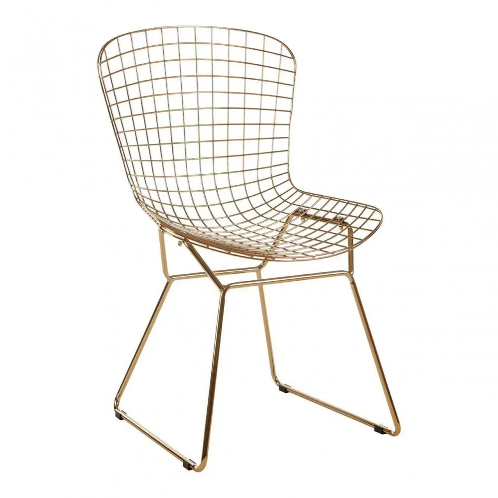 Gold wire metal dining chair with modern grid design and sled base