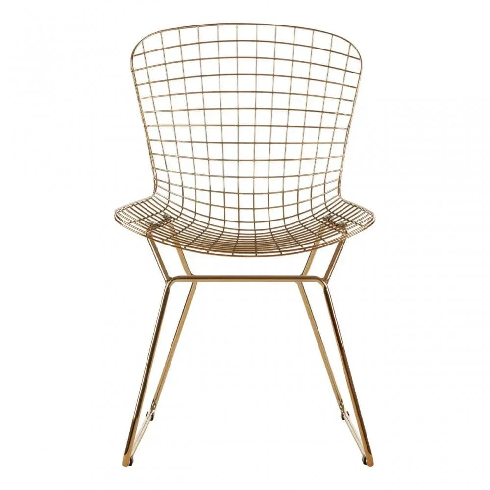 Gold wire dining chair with curved seat and backrest on metal legs, front view