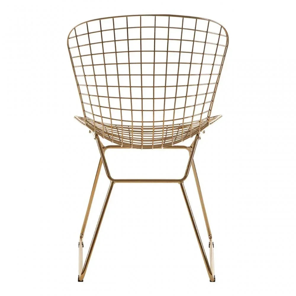 Gold wire accent chair with grid design, shown from the back on white background