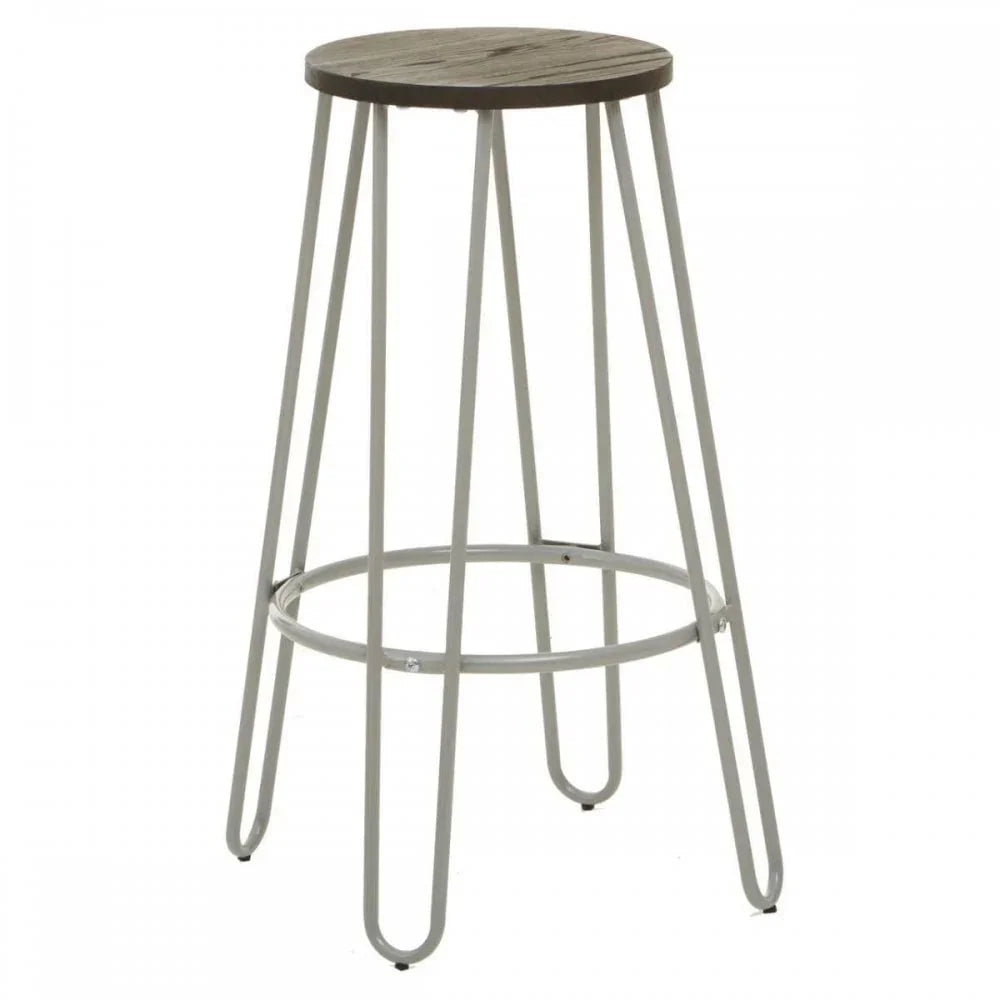 Industrial bar stool with round wooden seat and metal hairpin legs