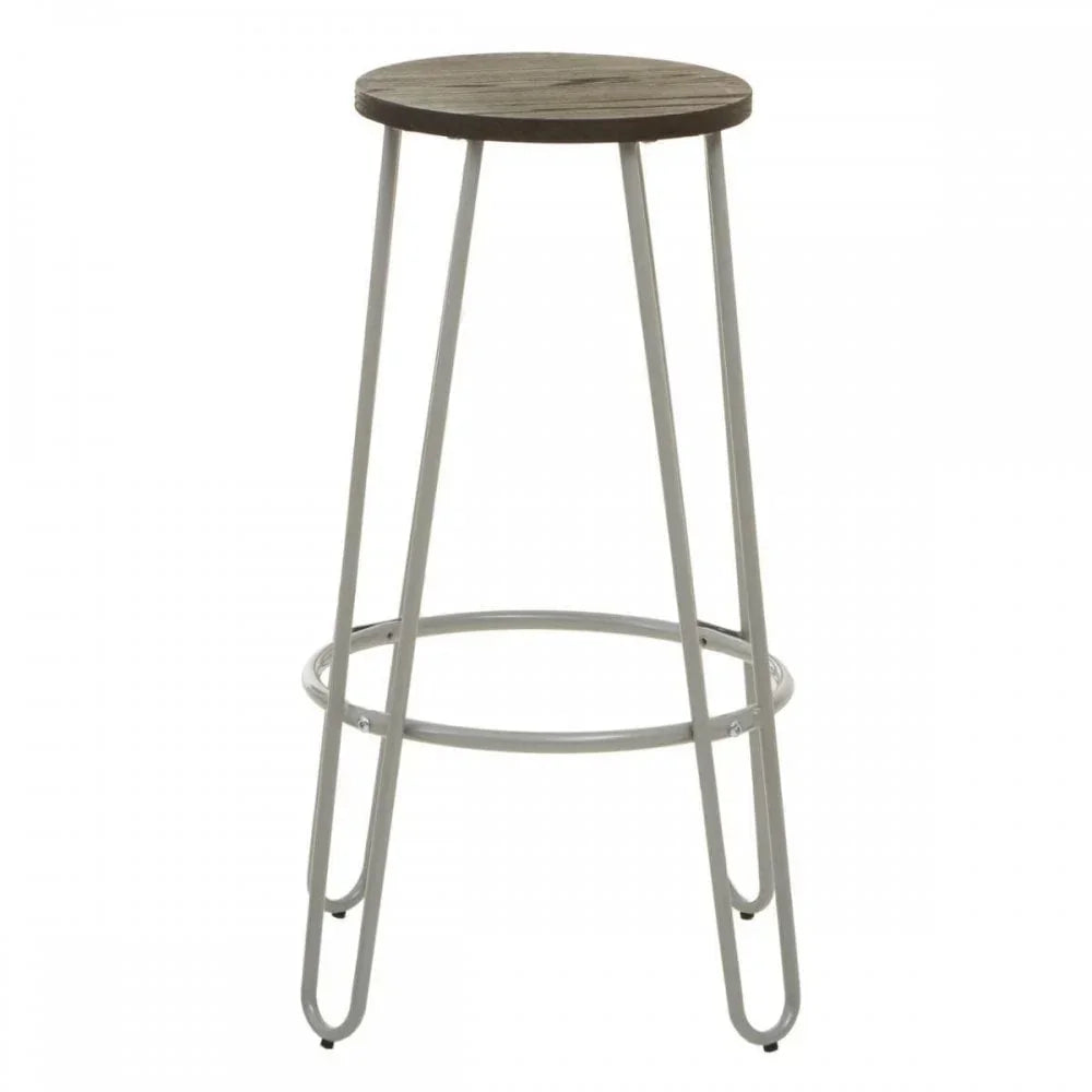 Industrial bar stool with round wooden seat and white metal legs