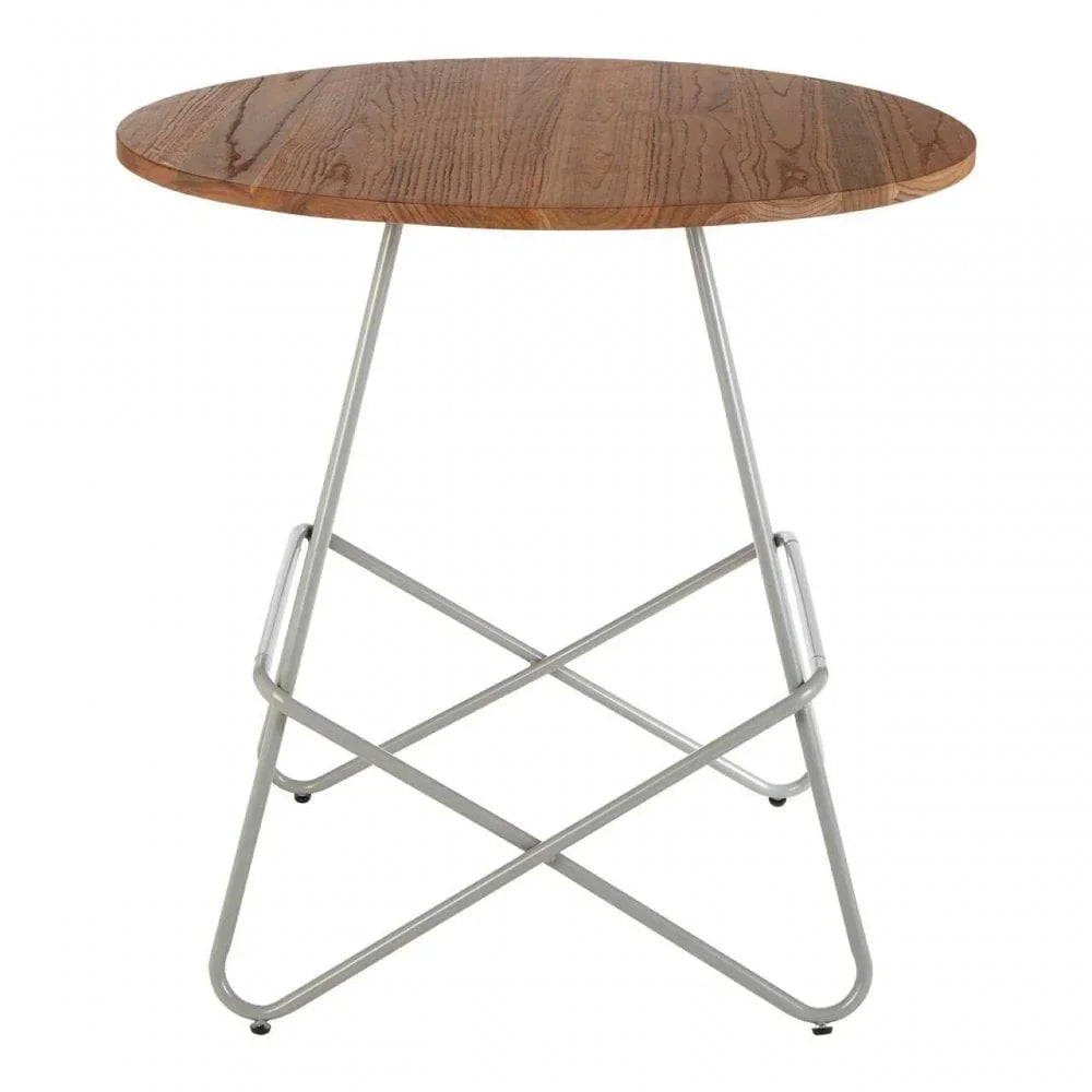 Round wooden side table with metal cross-frame legs on white background
