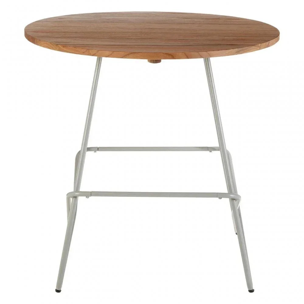 Round wooden dining table with metal legs, modern design against white background