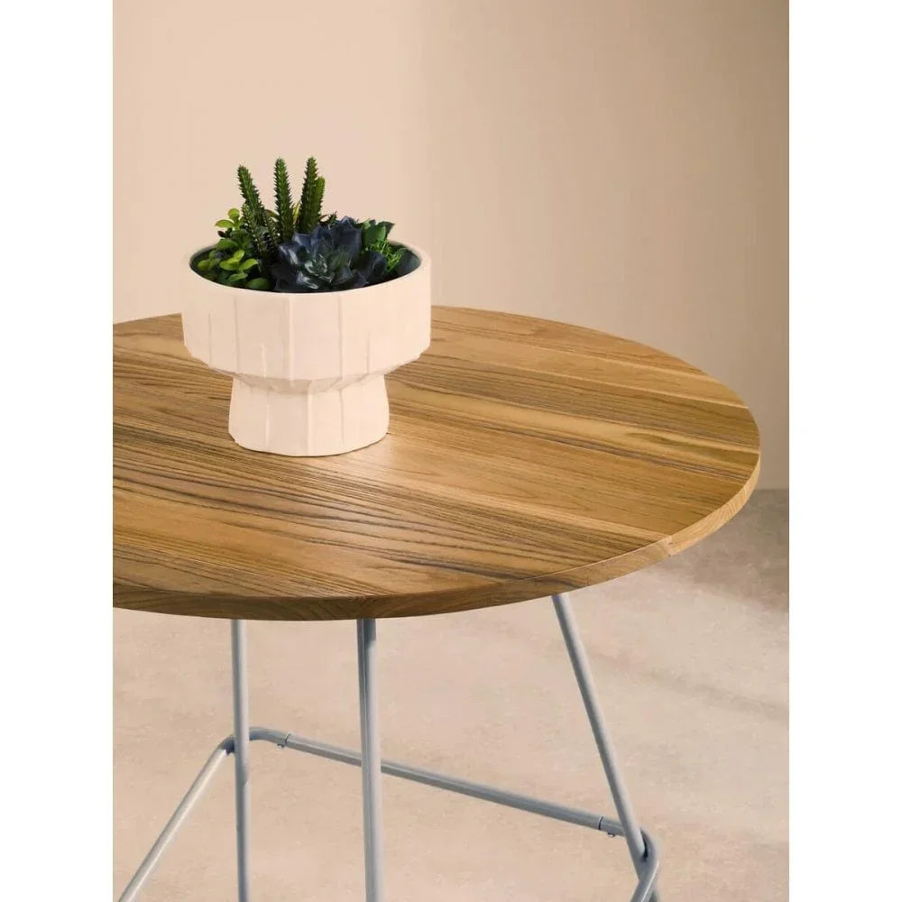 Round wooden side table with metal legs and a ceramic planter with succulents